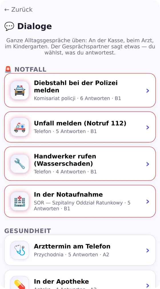 Papuga: Liste der Alltagsdialoge, oben die Notfall-Gespräche