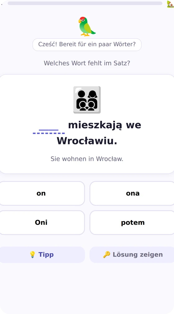 Papuga: Wörter im echten Satz